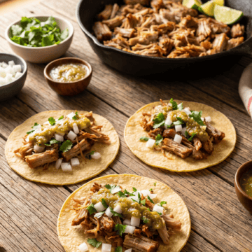 Crispy carnitas tacos topped with diced onion, cilantro and salsa verde