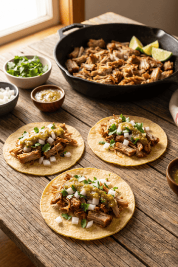 Crispy carnitas tacos topped with diced onion, cilantro and salsa verde