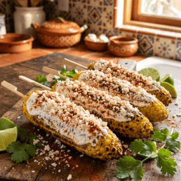 Grilled elote Mexican street corn covered in crema, cotija cheese and chile powder