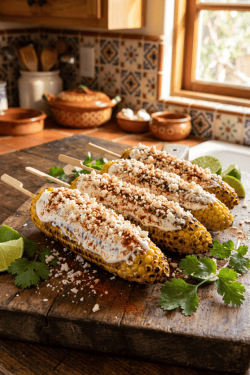 Grilled elote Mexican street corn covered in crema, cotija cheese and chile powder
