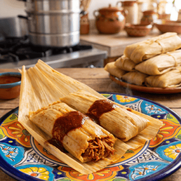 Red pork tamales in opened corn husks drizzled with red chile sauce