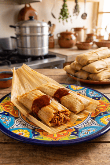 Red pork tamales in opened corn husks drizzled with red chile sauce