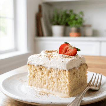 Slice of tres leches cake topped with whipped cream, cinnamon and a strawberry