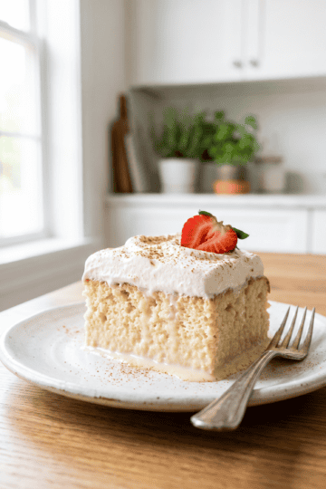 Slice of tres leches cake topped with whipped cream, cinnamon and a strawberry