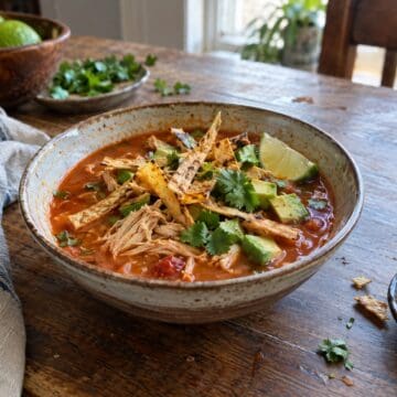 Bowl of chicken tortilla soup with shredded chicken, crisp tortilla strips, avocado, cilantro, and lime