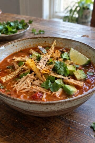 Bowl of chicken tortilla soup with shredded chicken, crisp tortilla strips, avocado, cilantro, and lime