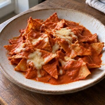 Creamy red chipotle chilaquiles with irregular tortilla pieces and melted Monterey Jack on a ceramic plate