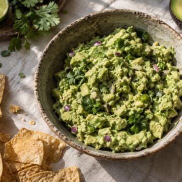 Chunky guacamole with onion, cilantro, serrano, and lime in a stoneware bowl