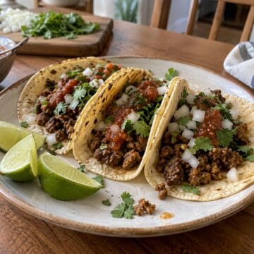 Soft corn tortillas filled with seasoned ground beef, onion, cilantro, and salsa roja