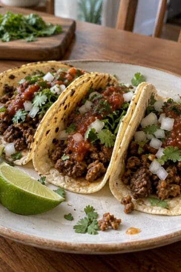 Soft corn tortillas filled with seasoned ground beef, onion, cilantro, and salsa roja