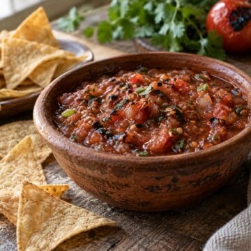 Bowl of chunky roasted tomato salsa roja with tortilla chips