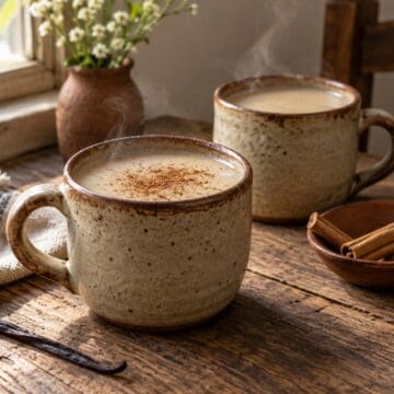 Warm vanilla atole in handmade ceramic mugs with cinnamon