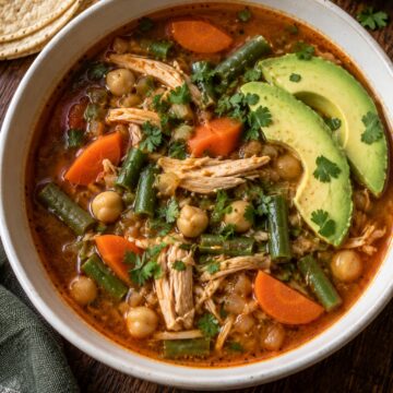 Caldo tlalpeño with chicken, chickpeas, vegetables, avocado, and lime.