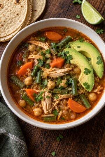 Caldo tlalpeño with chicken, chickpeas, vegetables, avocado, and lime.