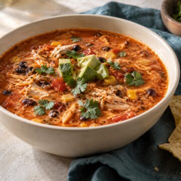 Creamy red chicken enchilada soup with black beans, corn, and cilantro