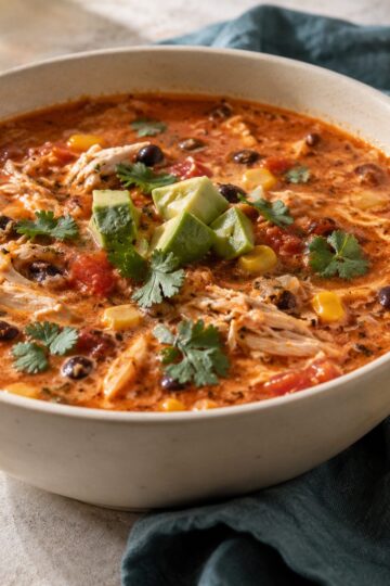 Creamy red chicken enchilada soup with black beans, corn, and cilantro