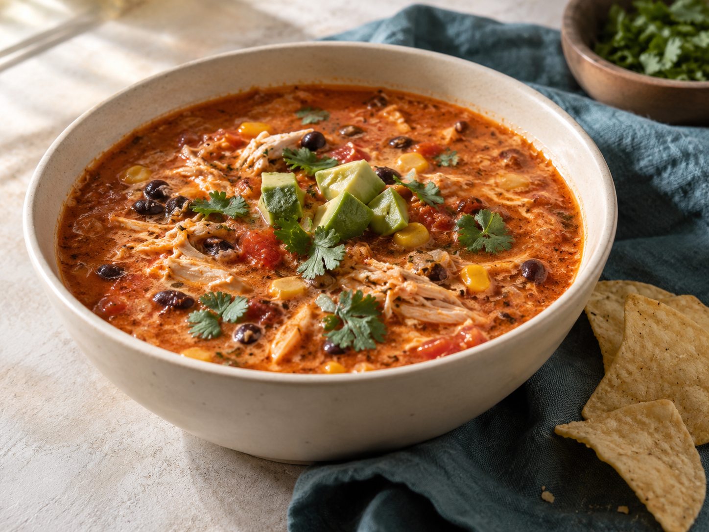 Creamy red chicken enchilada soup with black beans, corn, and cilantro