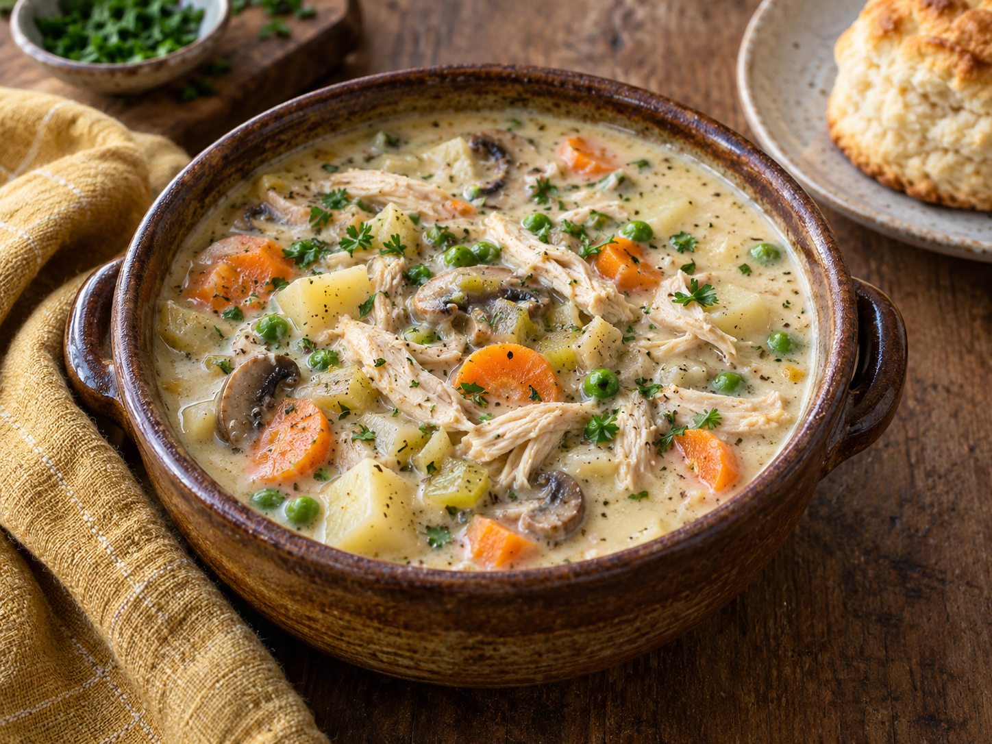 Creamy chicken pot pie soup with potatoes, carrots, peas, and mushrooms