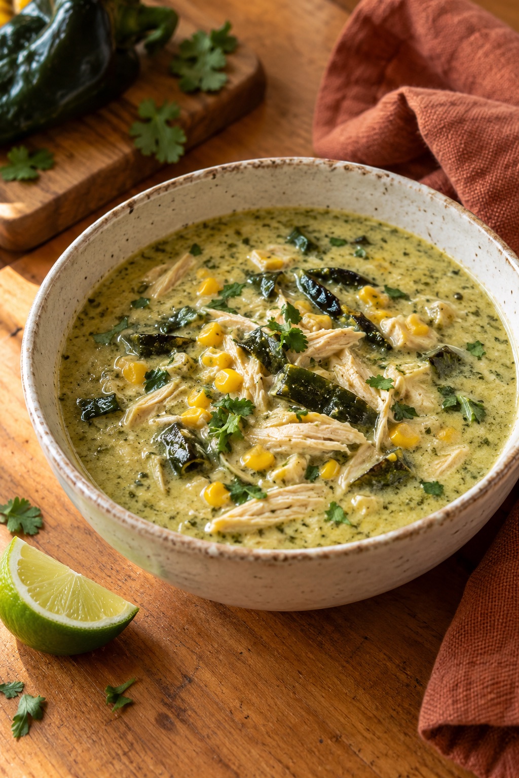 Creamy roasted poblano chicken soup with shredded chicken, corn, and cilantro.