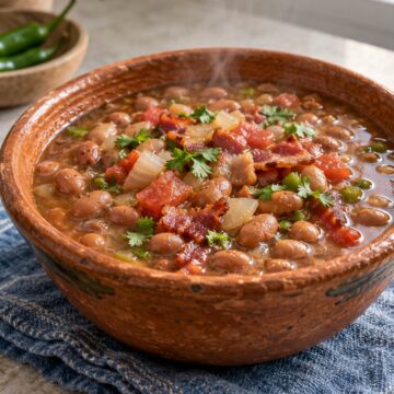 Brothy pinto beans with bacon, tomato, serrano, and cilantro.