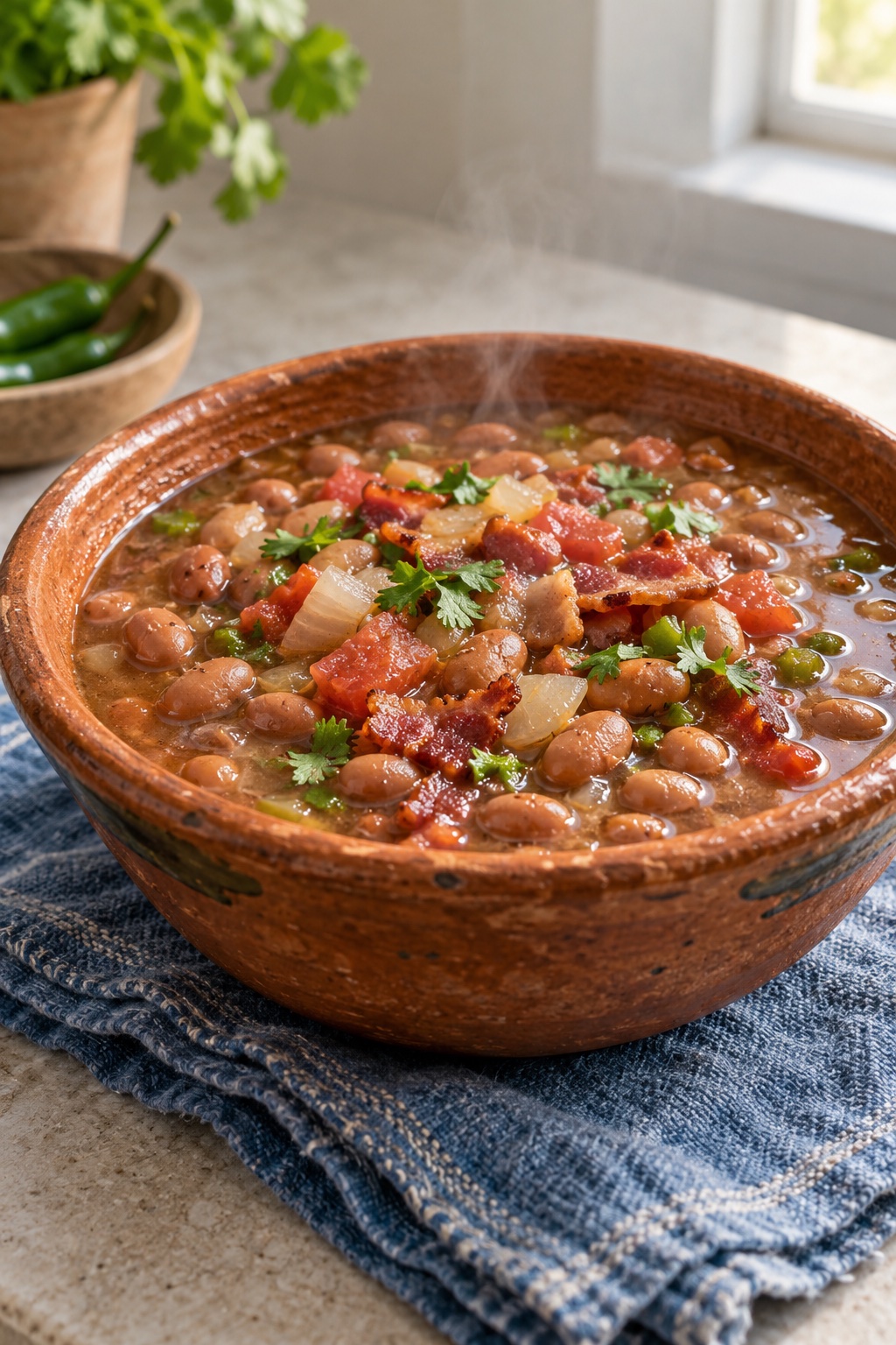 Brothy pinto beans with bacon, tomato, serrano, and cilantro.