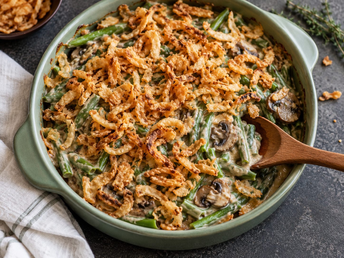 Green bean casserole with fresh beans, mushroom cream sauce, and crispy onions