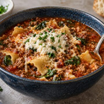 Lasagna soup with broken noodles, tomato broth, spinach, and a ricotta topping