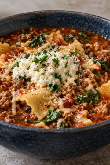 Lasagna soup with broken noodles, tomato broth, spinach, and a ricotta topping