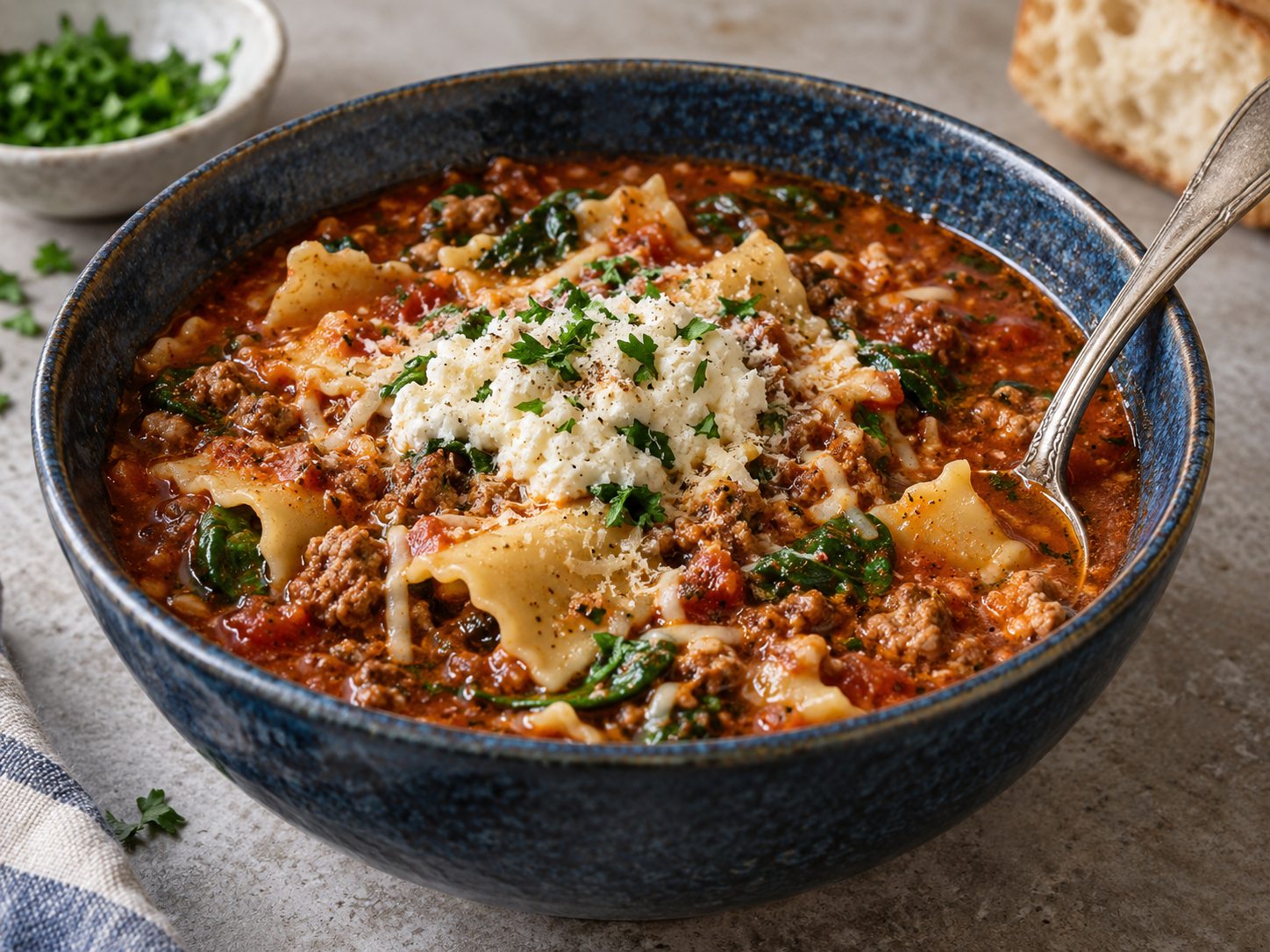 Lasagna soup with broken noodles, tomato broth, spinach, and a ricotta topping
