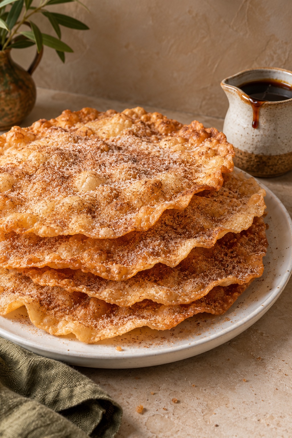 Thin crisp Mexican buñuelos sprinkled with cinnamon sugar beside piloncillo syrup.