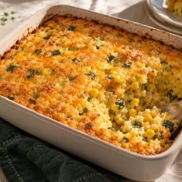 Golden corn casserole with small roasted poblano pieces and cheddar