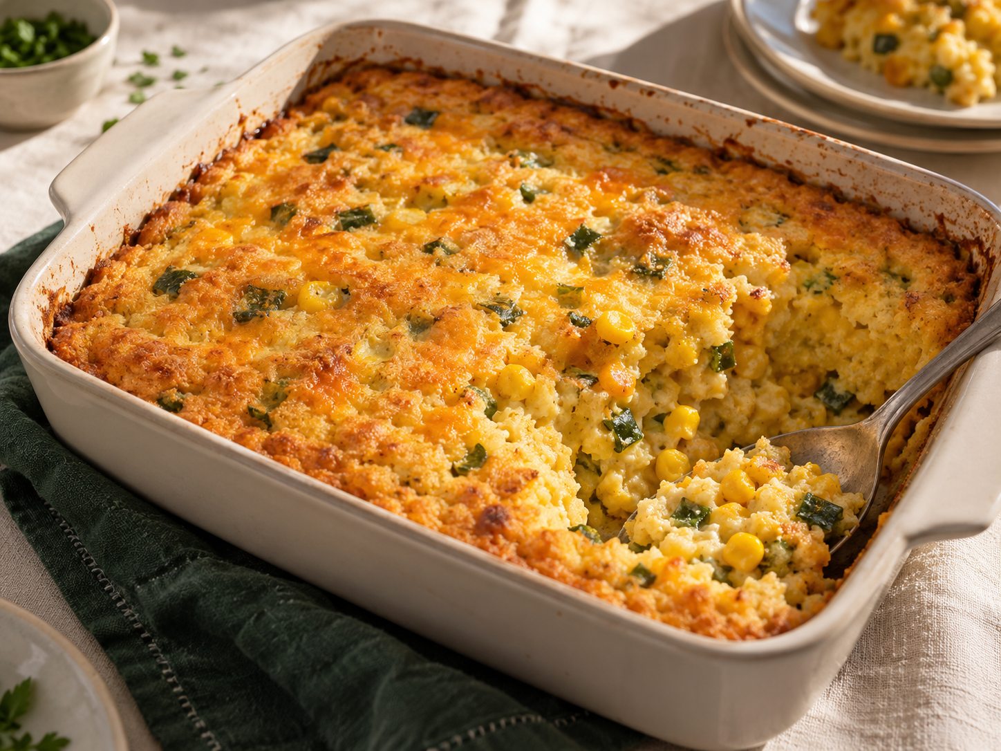 Golden corn casserole with small roasted poblano pieces and cheddar