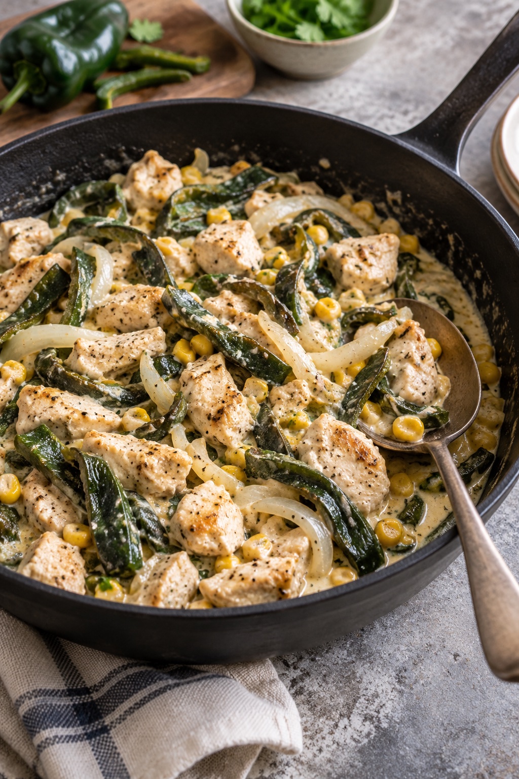 Chicken with roasted poblano strips, onion, and corn in a creamy sauce.