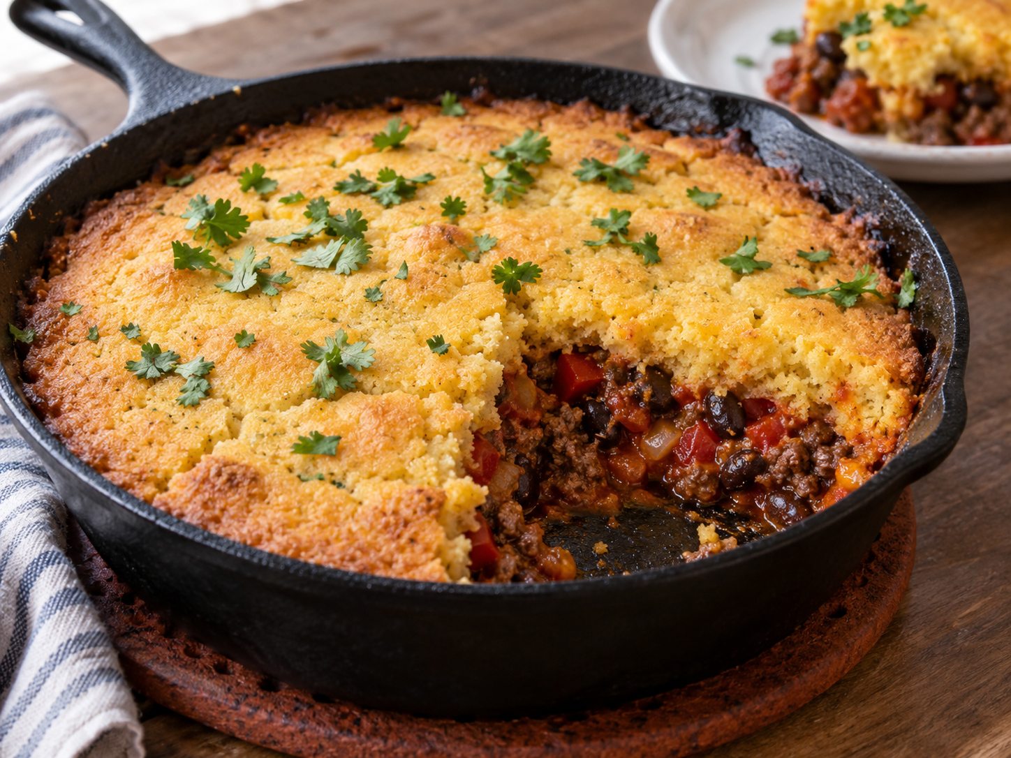 Skillet tamale pie with a golden cornbread topping and beef-and-bean filling