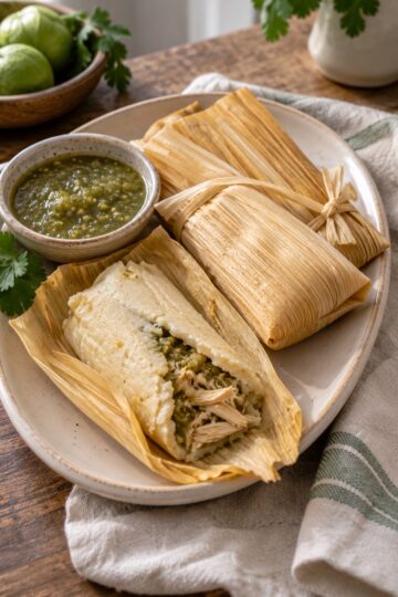 Corn-husk tamales with chicken and green salsa in tender masa.
